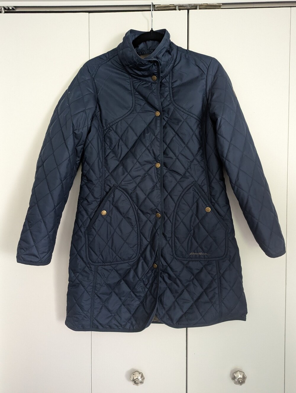 Eddie Bauer Navy Sportshop Puffer Jacket With Gold Tone Hardware